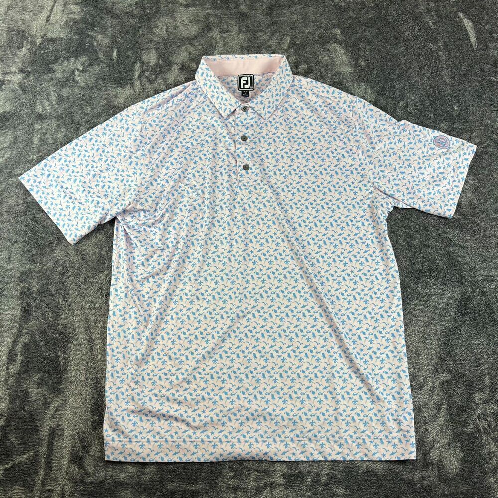 FootJoy Athletic Fit Beach Print Lisle Self Collar Golf Polo Pink Blue AOP XL